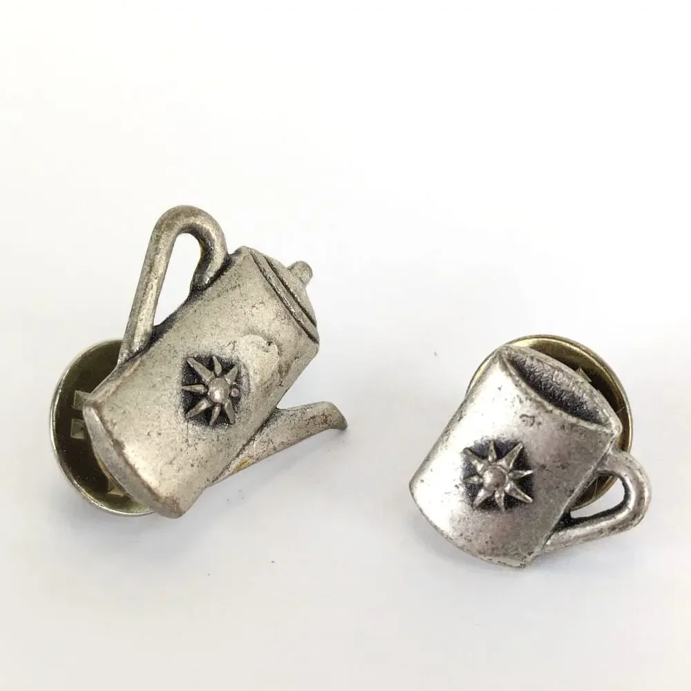 Set of 2 Pewter Coffee Tea Pot‎ & Cup Lapel Tack Pins, Converted Buttons, Star